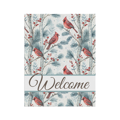 Welcome Cardinal in Snowy Birch Trees Garden Flag