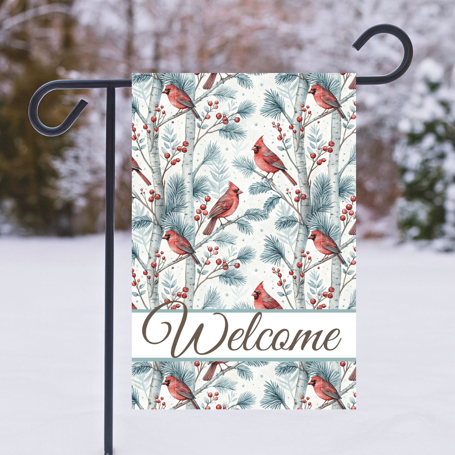 Welcome Cardinal in Snowy Birch Trees Garden Flag