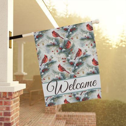 Watercolor cardinal garden flag with snowy evergreens, red berries, and "Welcome" script.