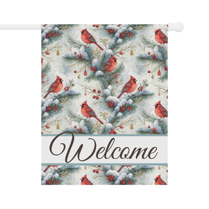 24.5'' x 32'' poly poplin-canvas garden flag with watercolor cardinals, snowy evergreens, and "Welcome" script.