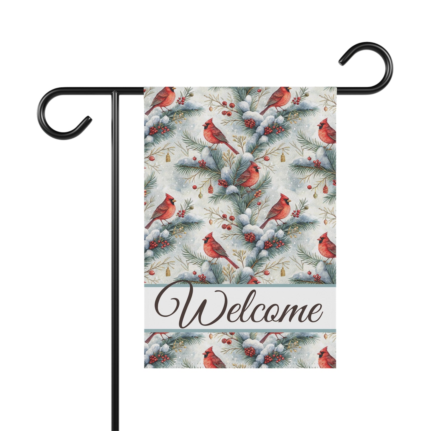 Welcome Cardinal in Snowy Evergreens garden flag on a black pole, featuring watercolor cardinals, frosted pine, and red berries.