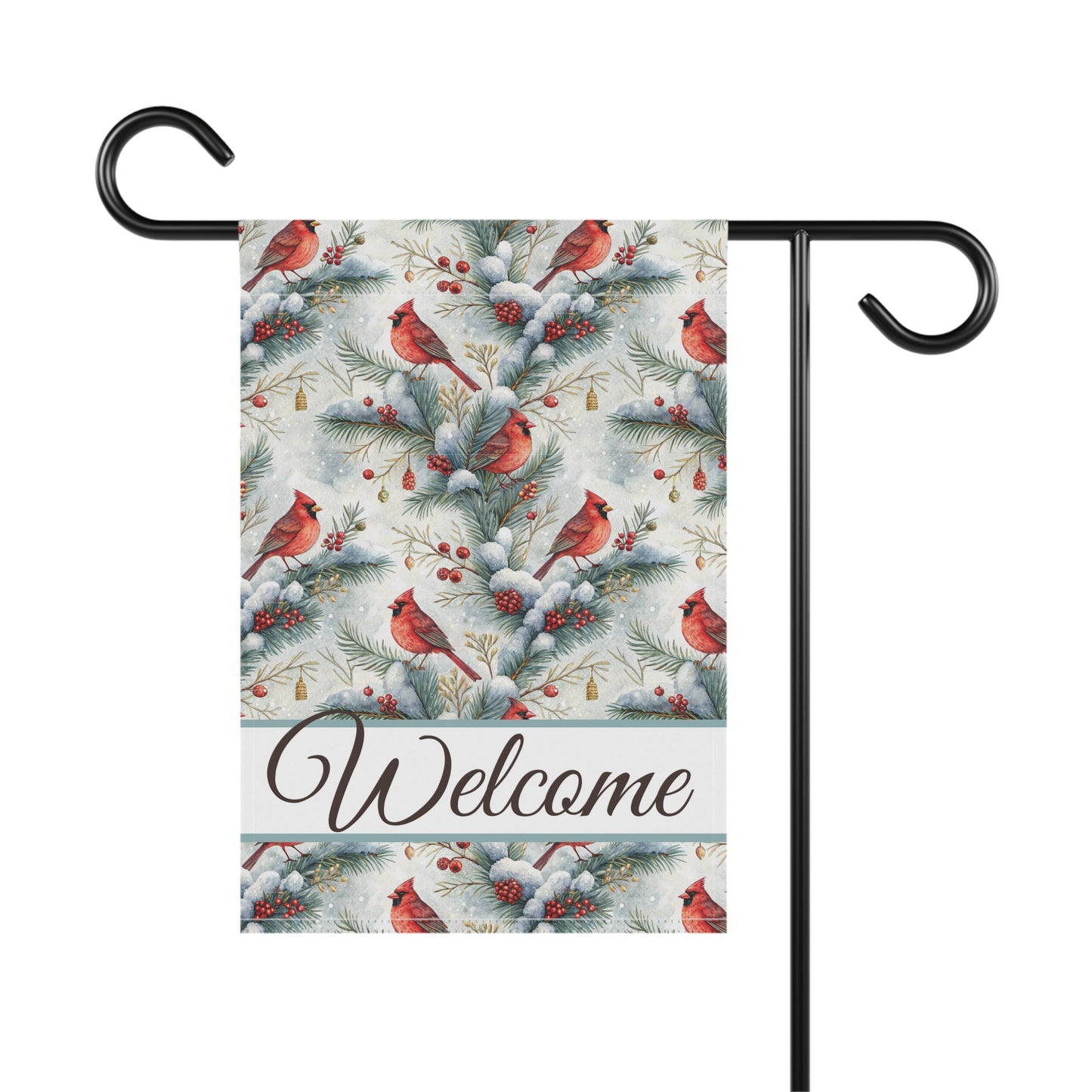 Watercolor cardinal garden flag with snowy evergreens, red berries, and "Welcome" script.