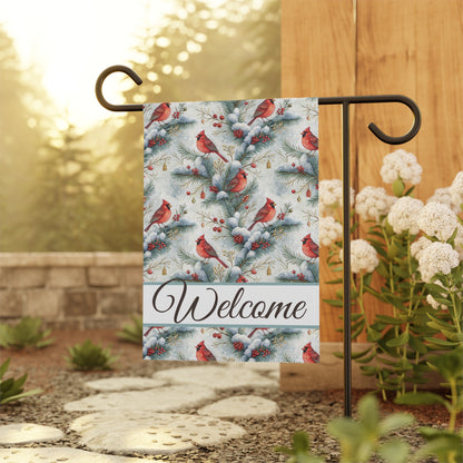 Watercolor cardinal and snowy evergreen garden flag with "Welcome" script on poly poplin-canvas.