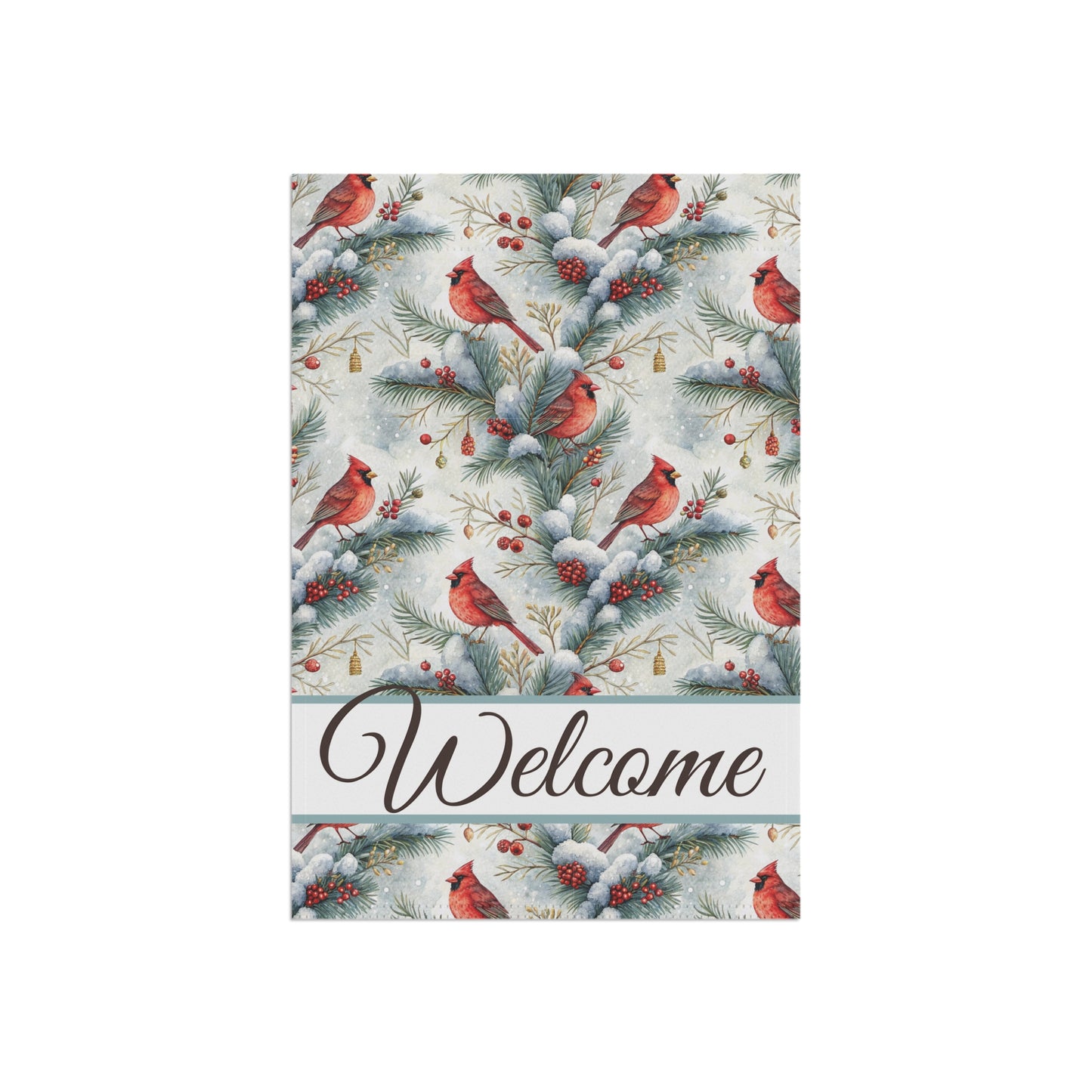 Watercolor cardinal garden flag with "Welcome" script, snowy evergreens, and red berries on poly poplin-canvas.
