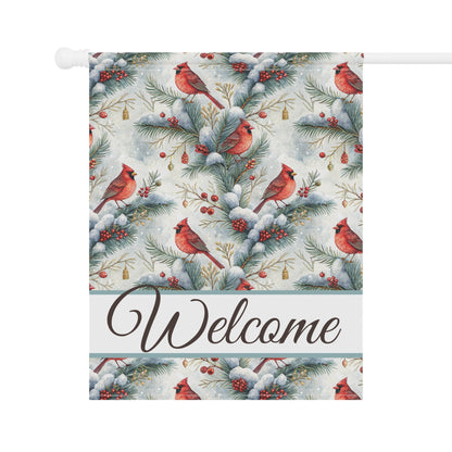 Welcome Cardinal garden flag with watercolor cardinals, snowy evergreens, red berries, and "Welcome" script.