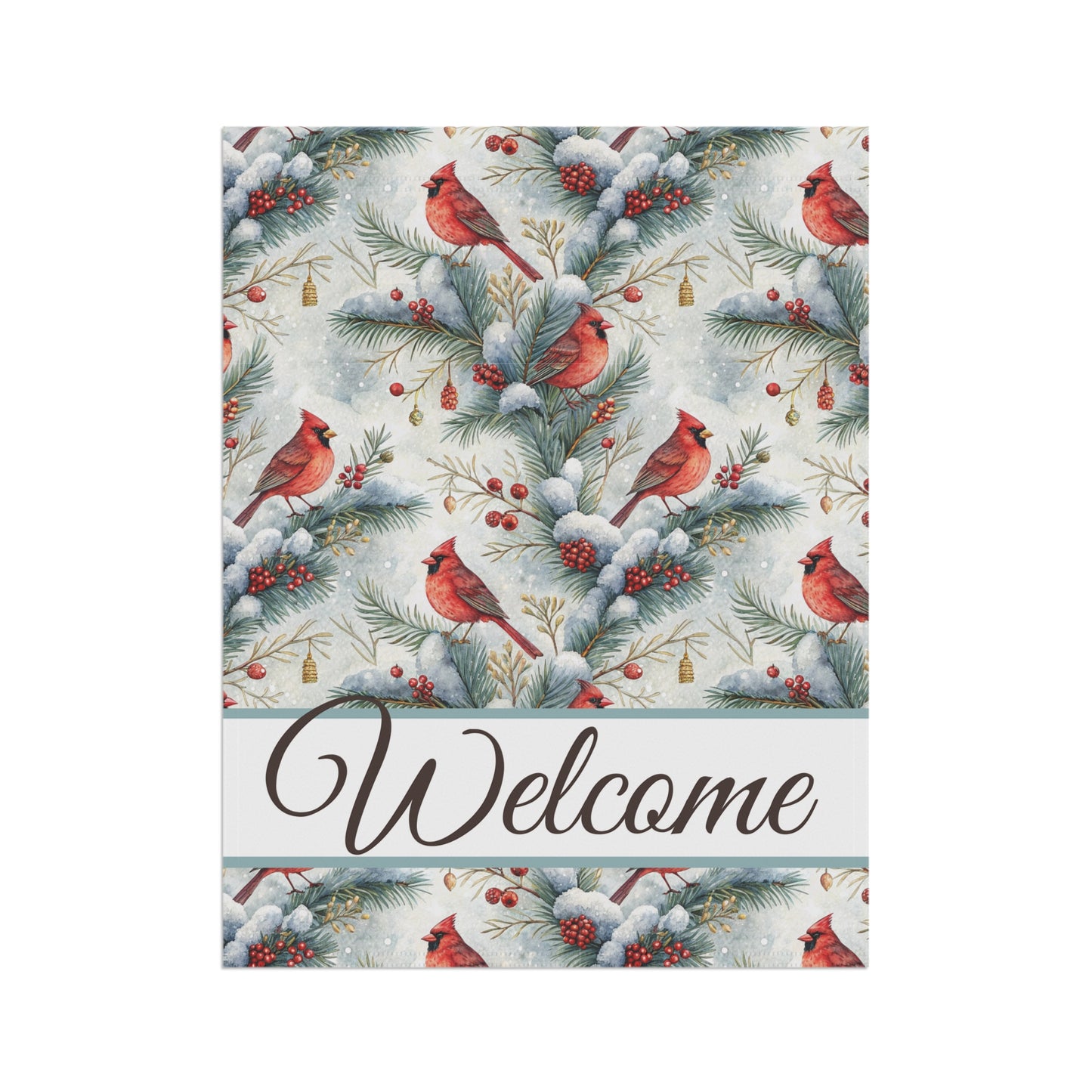 Watercolor cardinal garden flag with snowy evergreens, red berries, and "Welcome" in script.