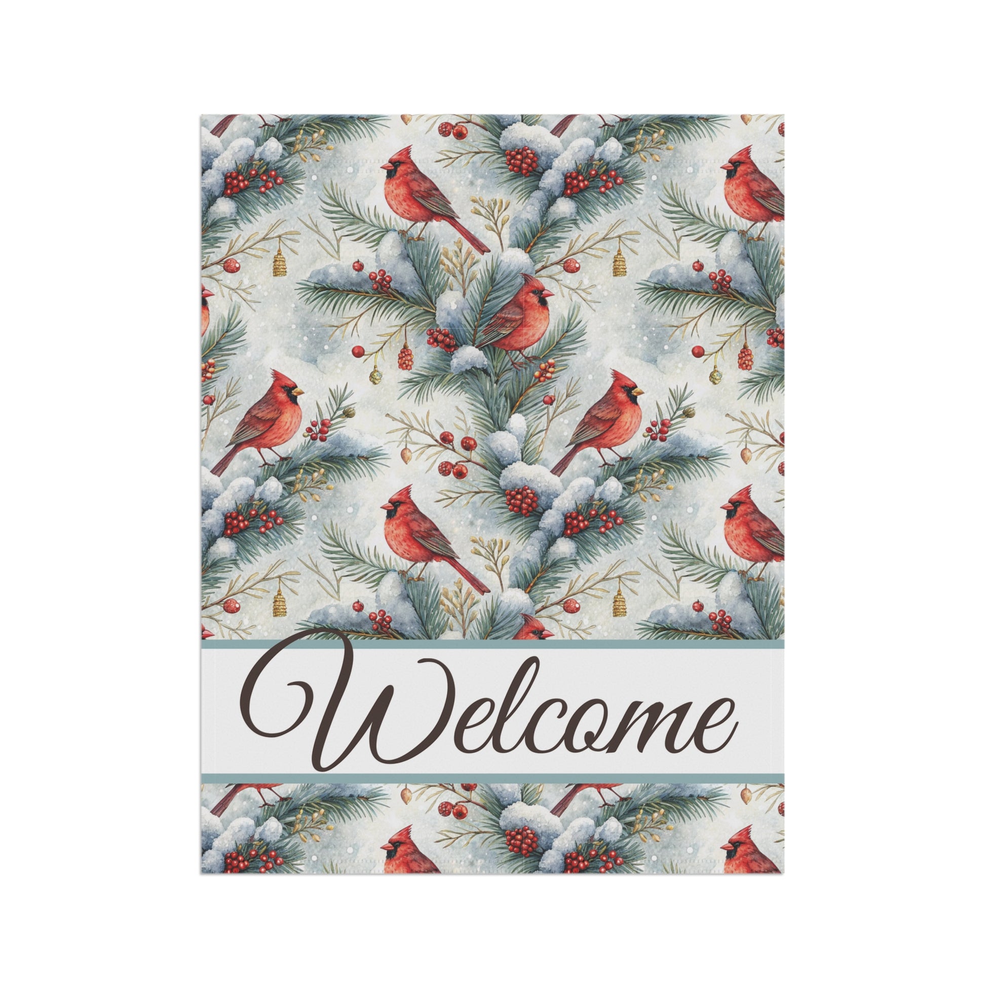 Watercolor cardinal garden flag with snowy evergreens, red berries, and "Welcome" in script.