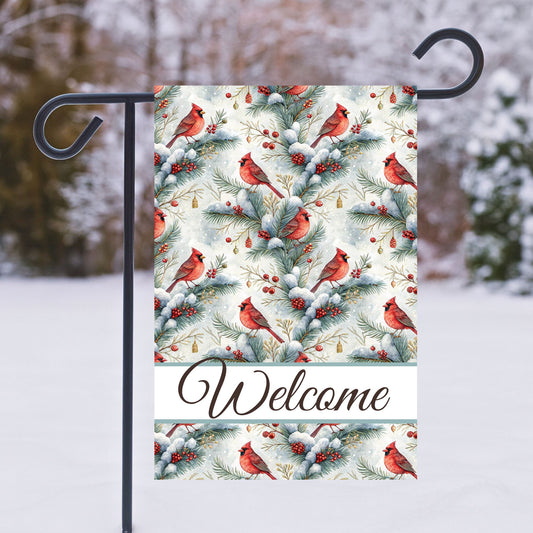 Welcome Cardinal in Snowy Evergreens Garden Flag