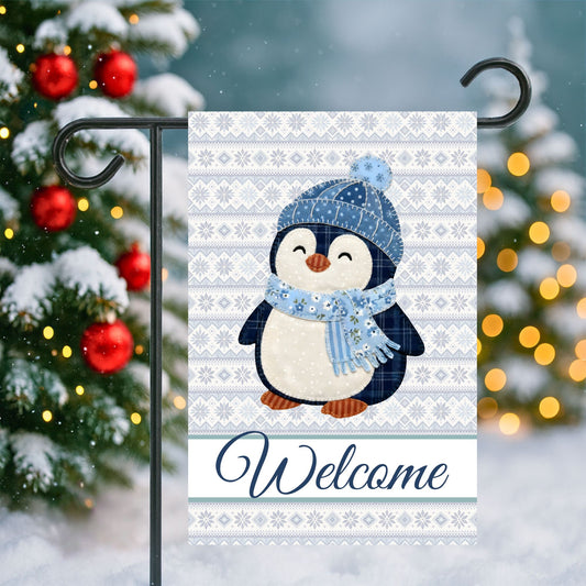 Welcome Fair Isle Patchwork Penguin Garden Flag