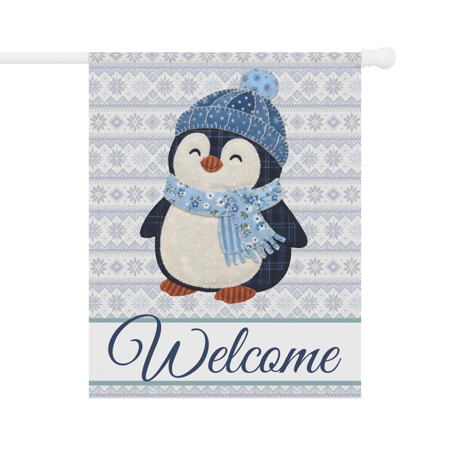 Fair Isle patchwork penguin garden flag, 24.5" x 32" poly poplin-canvas, with "Welcome" script.