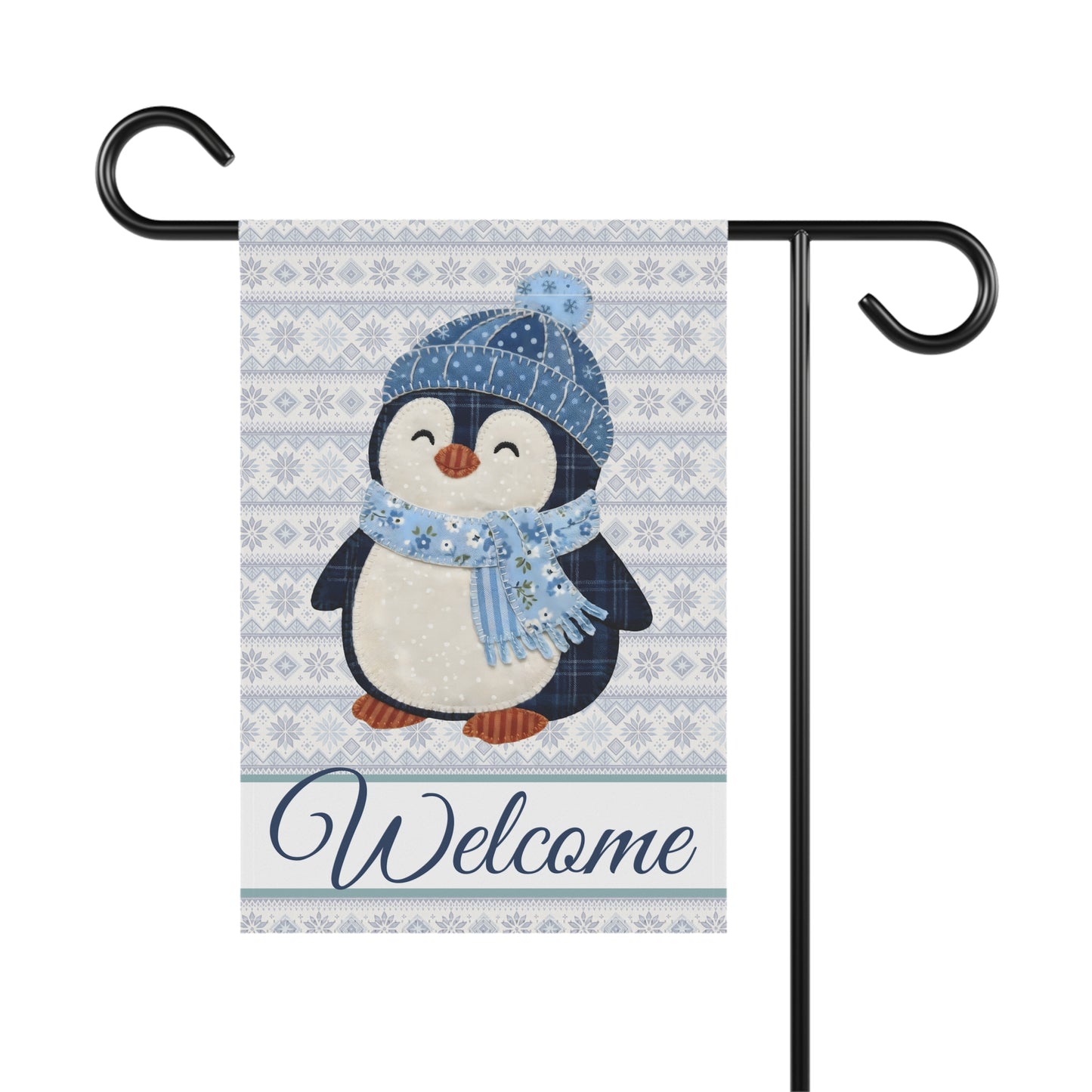 Fair Isle patchwork penguin garden flag with "Welcome" script, poly poplin-canvas, 12" × 18" or 24.5" × 32".
