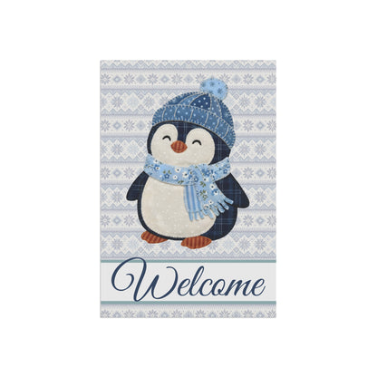 Fair Isle patchwork penguin garden flag with "Welcome" script on poly poplin-canvas.