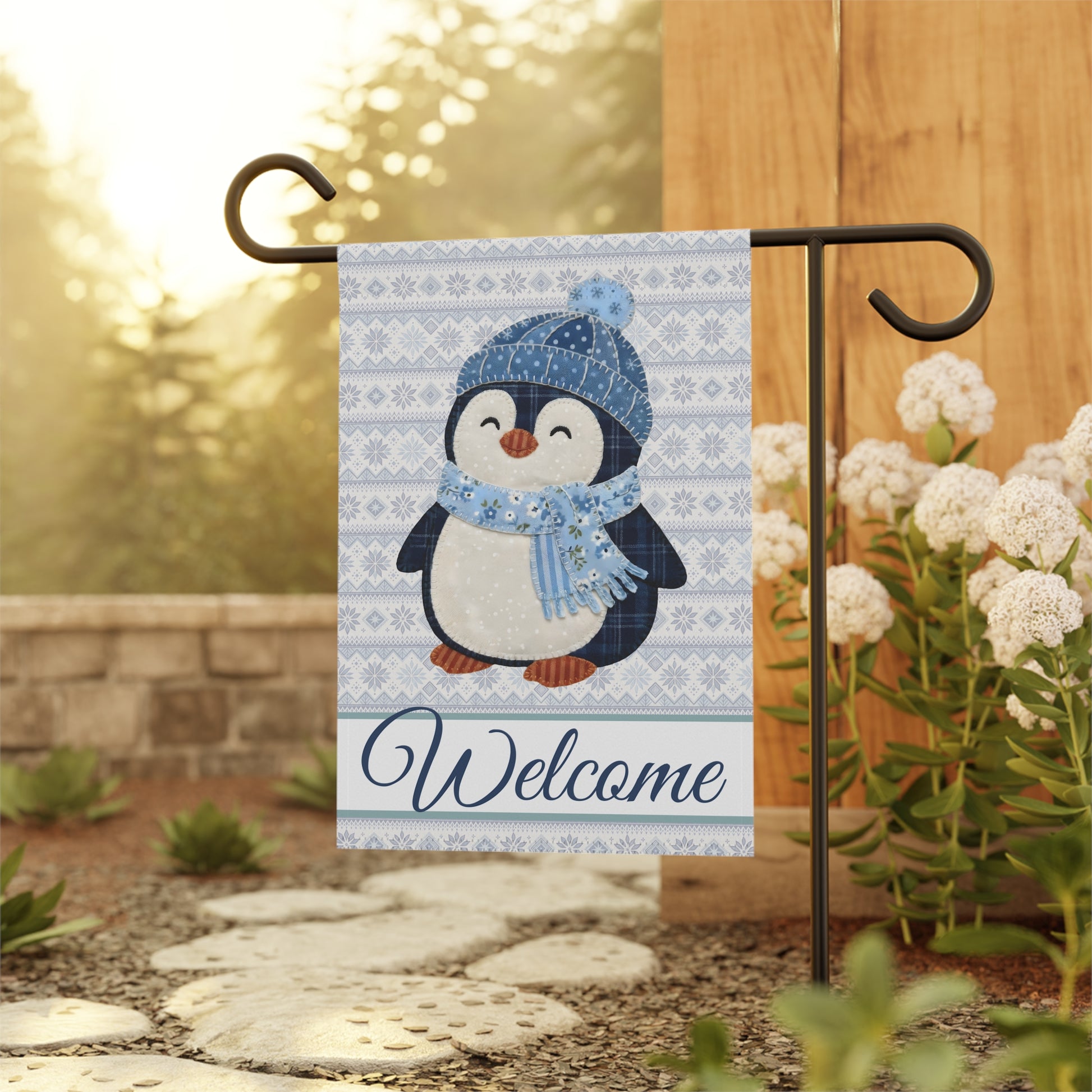 Fair Isle patchwork penguin garden flag with "Welcome" script, blue and white poly poplin-canvas.