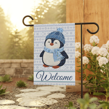 Fair Isle patchwork penguin garden flag with "Welcome" script, blue and white poly poplin-canvas.