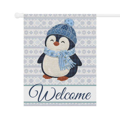 Fair Isle patchwork penguin garden flag with "Welcome" script on poly poplin-canvas.