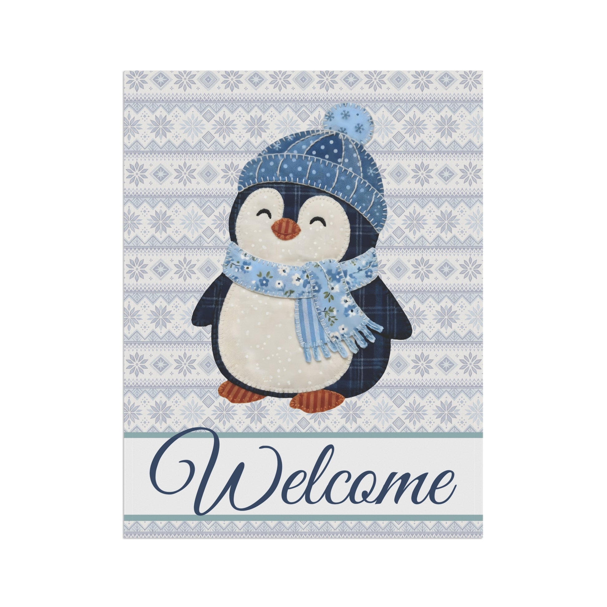 Fair Isle patchwork penguin garden flag with "Welcome" script on poly poplin-canvas.
