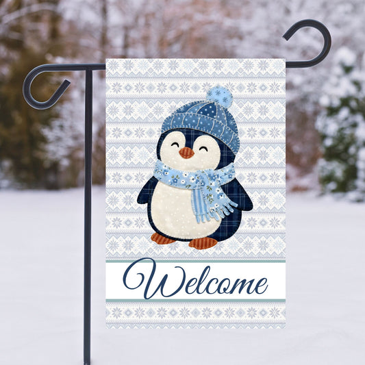 Welcome Fair Isle Patchwork Penguin Garden Flag
