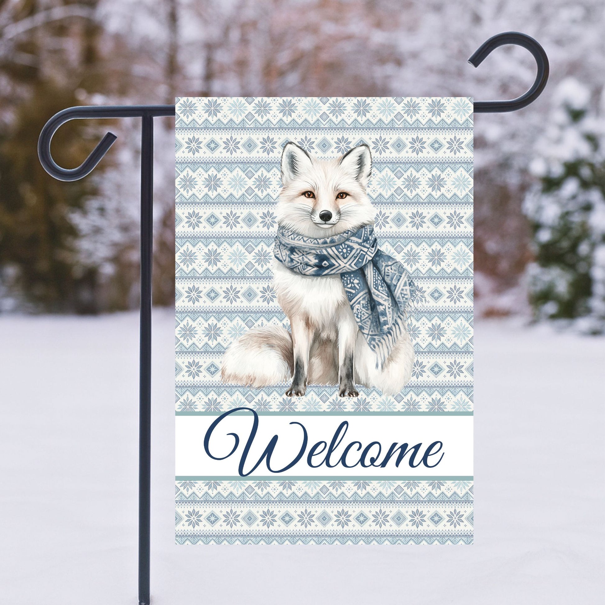Winter fox garden flag, 12"x18", with Fair Isle pattern, "Welcome" text, and white fox in blue scarf.