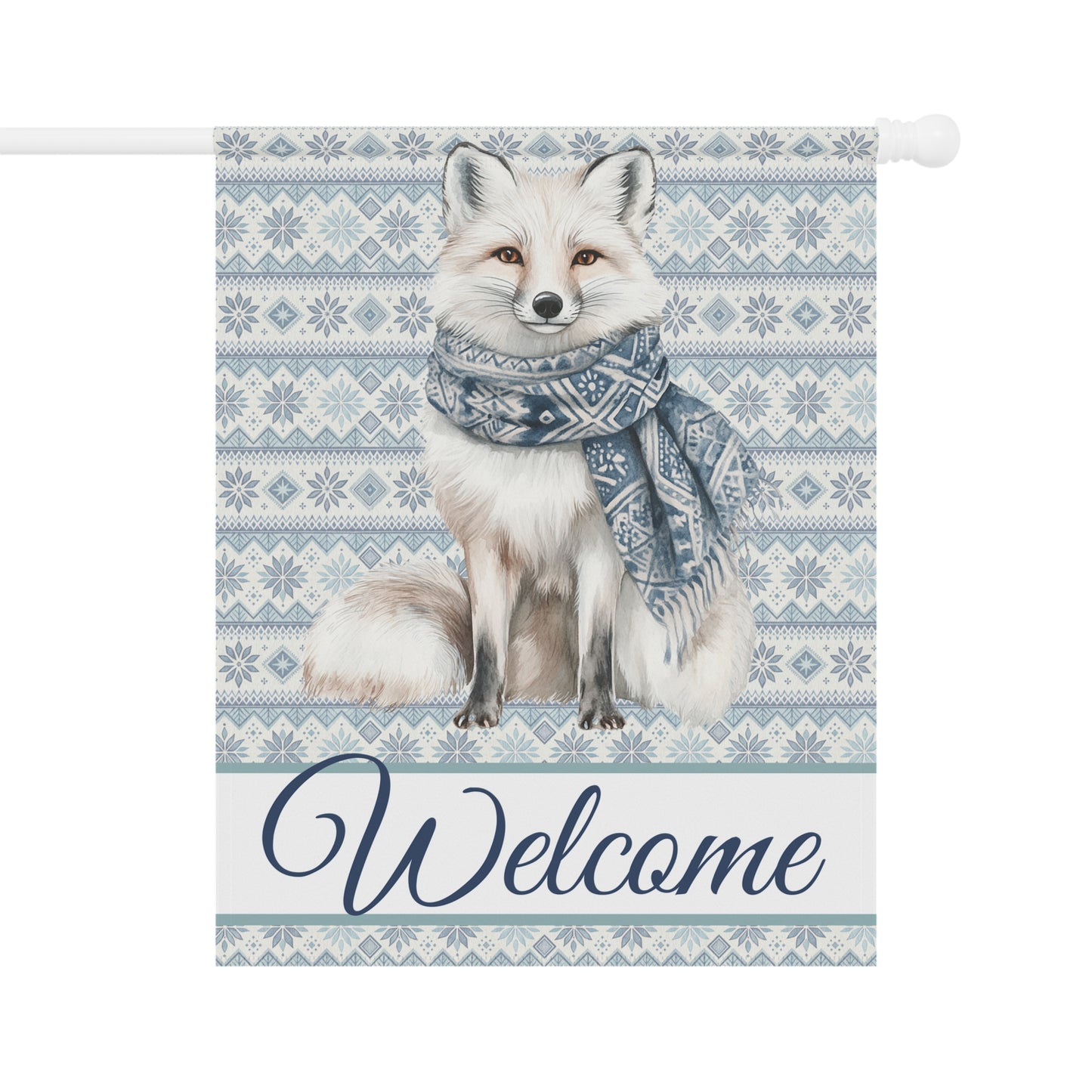Nordic Winter Fox Garden Flag, 24.5'' × 32'', with a white fox in a blue Fair Isle scarf.