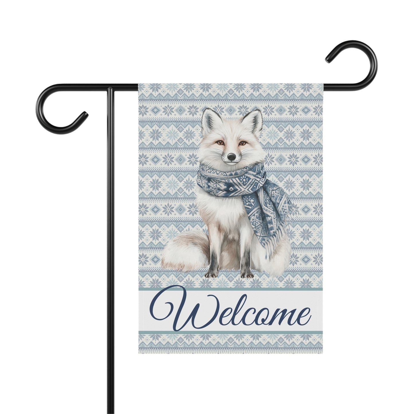 Winter fox garden flag with a white fox wearing a blue scarf on a Fair Isle background, "Welcome" text.