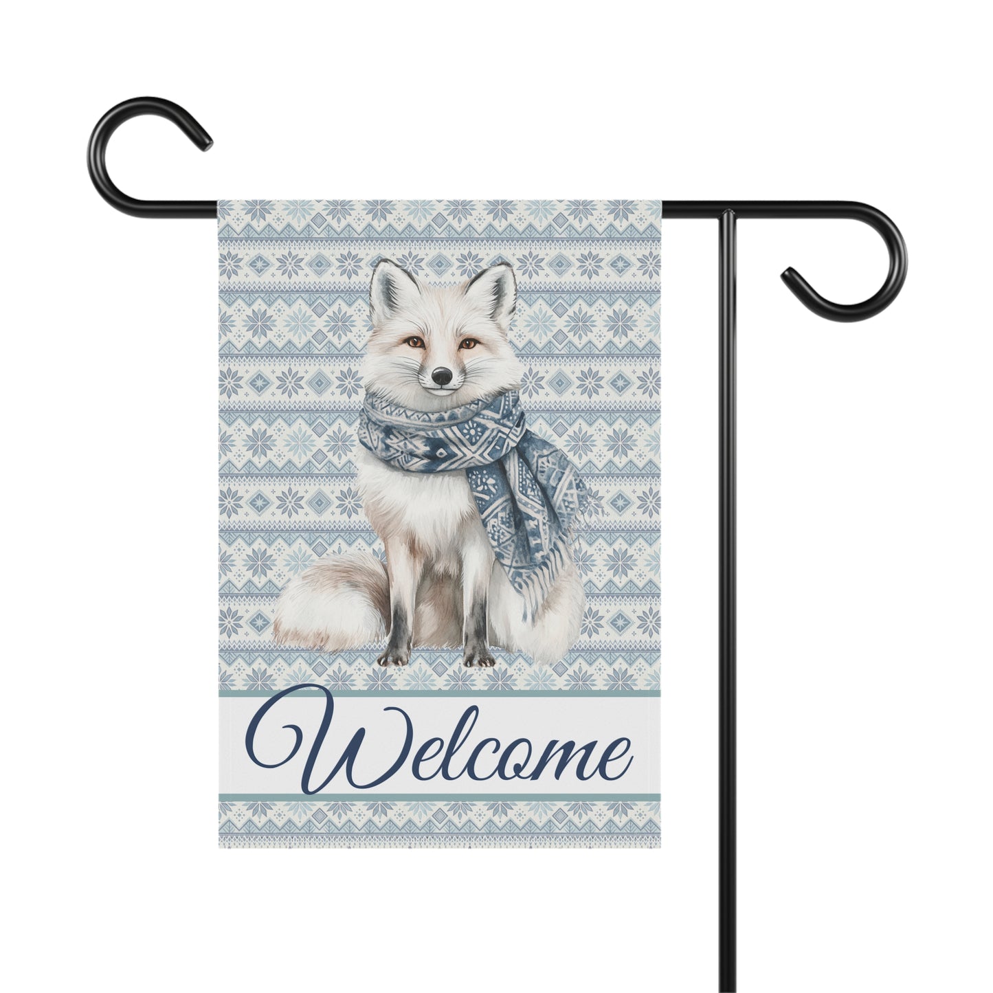 Nordic Winter Fox Garden Flag: White fox in blue scarf on Fair Isle background with "Welcome" text.