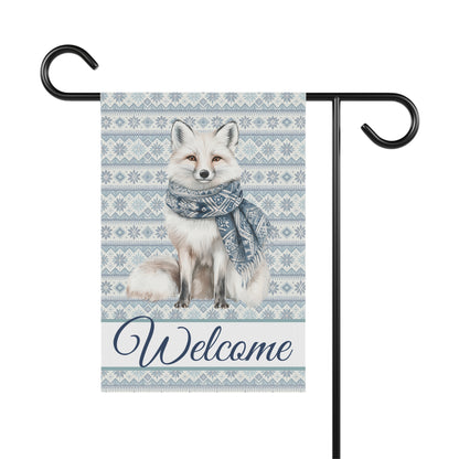 Nordic Winter Fox Garden Flag: White fox in blue scarf on Fair Isle background with "Welcome" text.