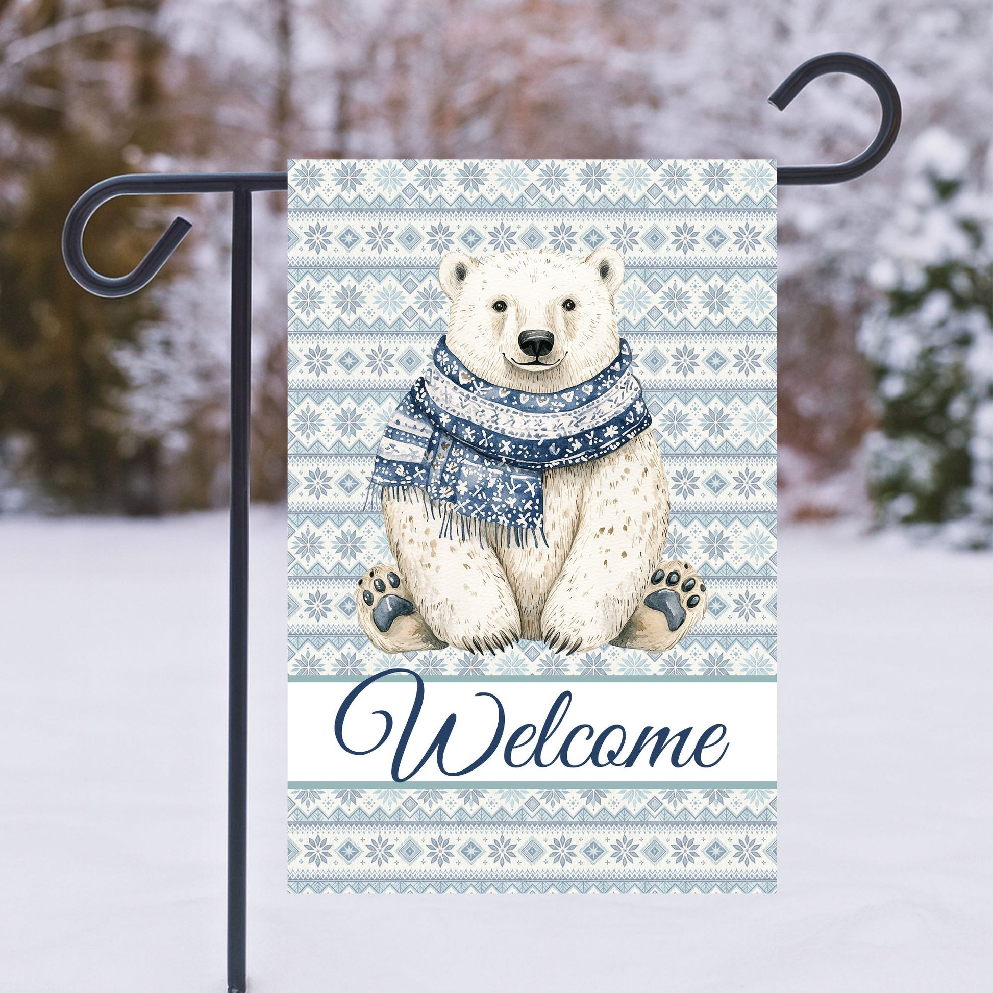 Watercolor polar bear in a blue Fair Isle scarf on a 12x18 garden flag with "Welcome" text.