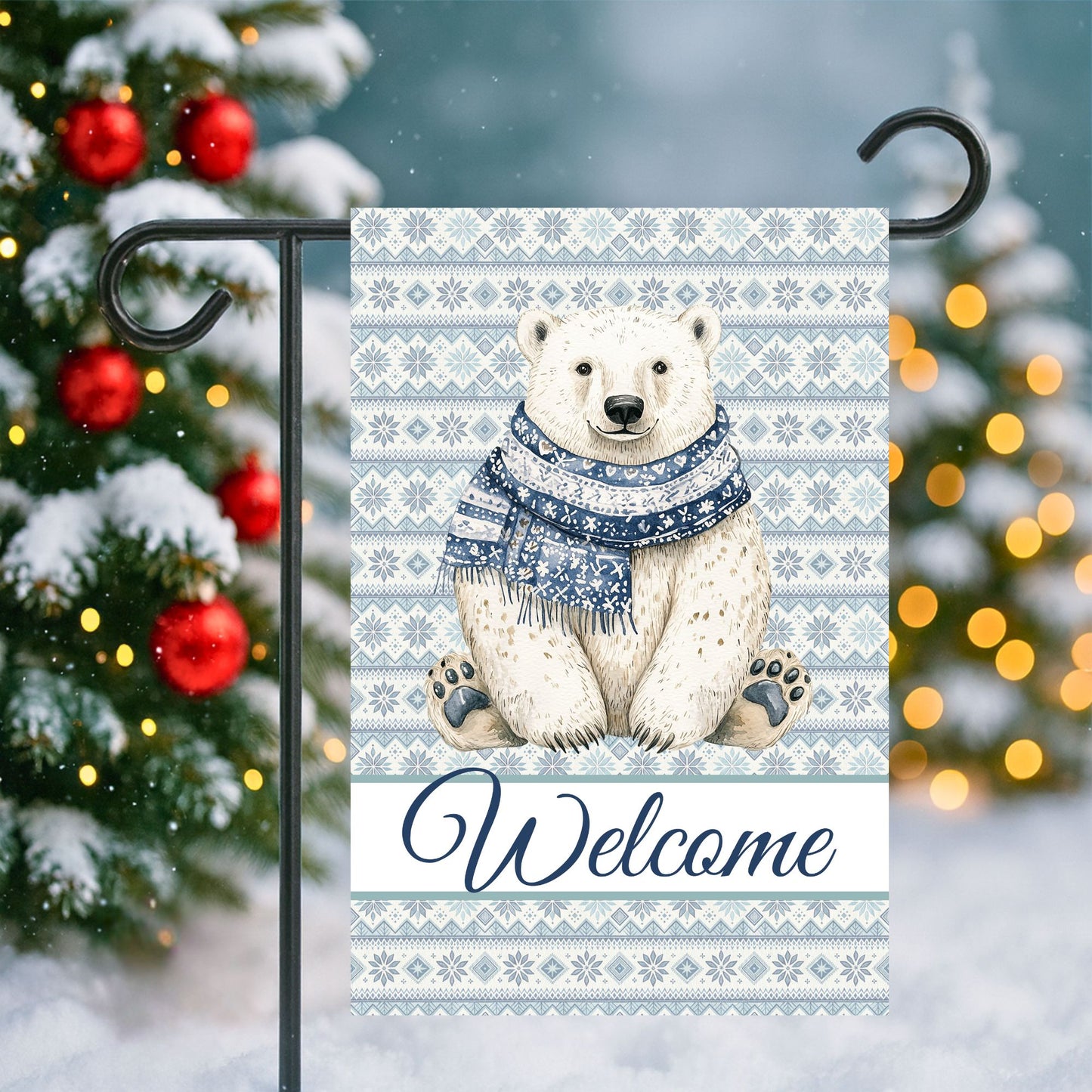 Watercolor polar bear in a blue Fair Isle scarf on a poly poplin garden flag with "Welcome" text.