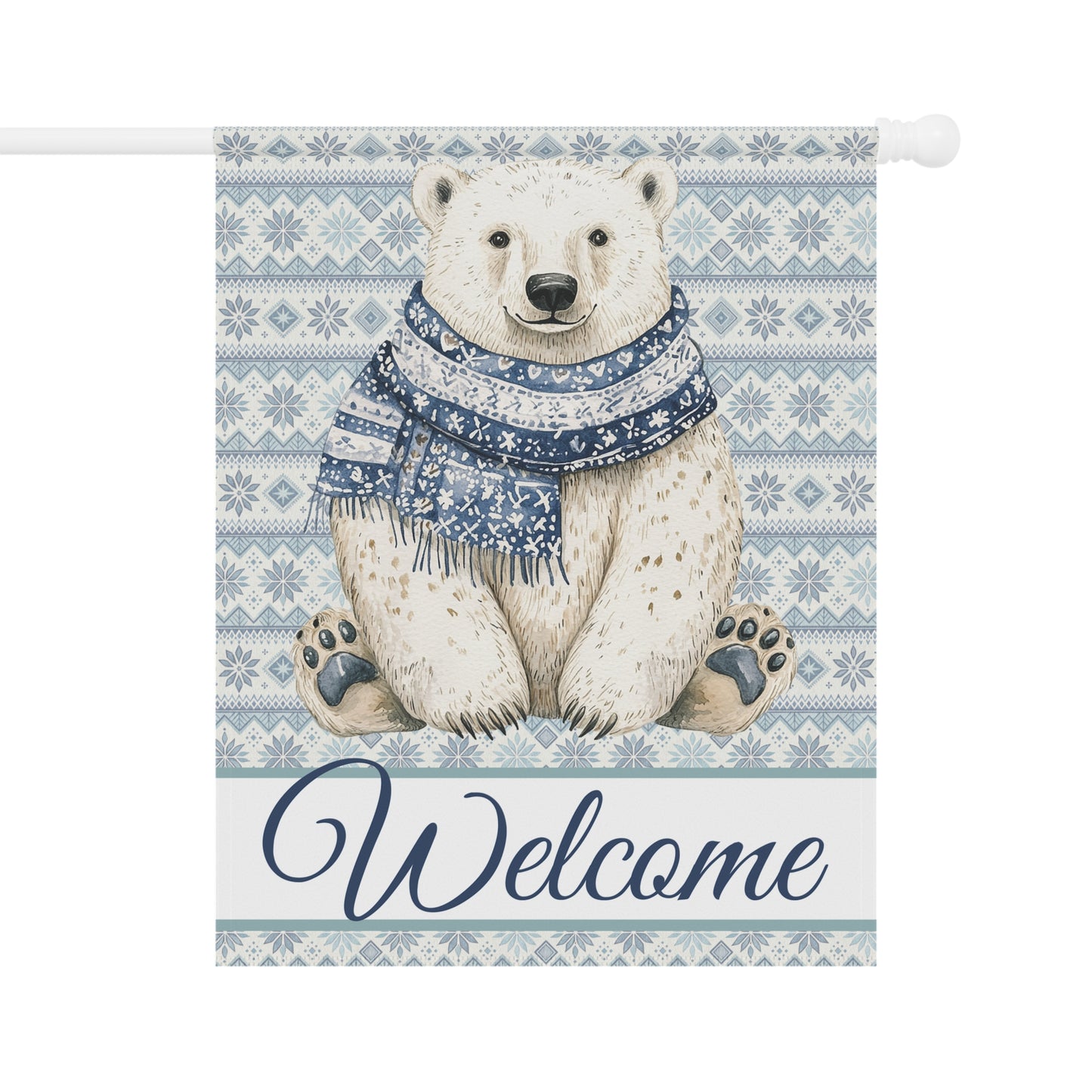 Watercolor polar bear in a blue Fair Isle scarf on a 24.5"x32" poly poplin garden flag with "Welcome.