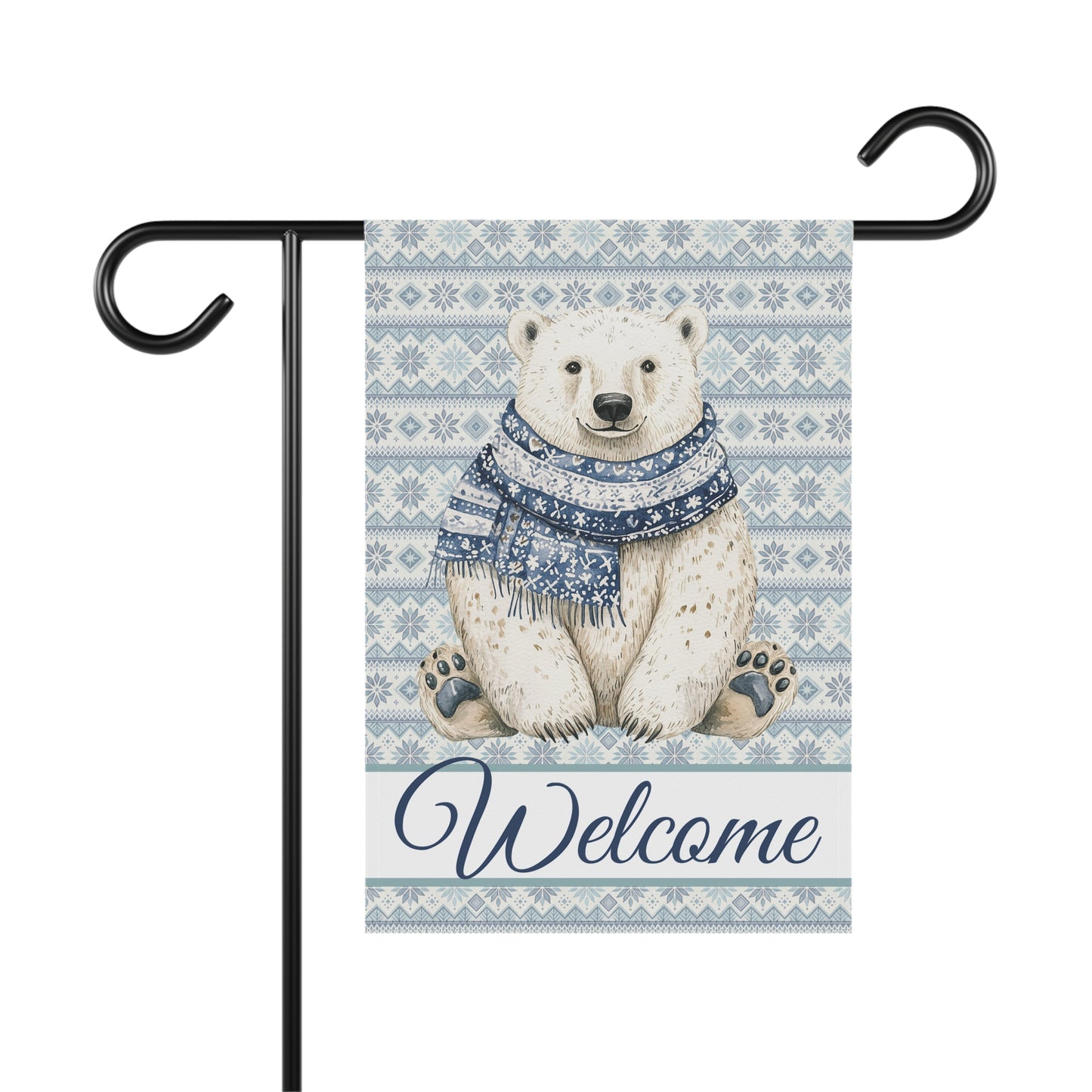 Watercolor polar bear in a blue Fair Isle scarf on a garden flag with "Welcome" text.