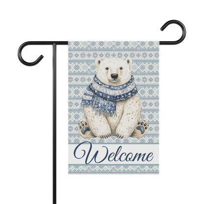 Watercolor polar bear in a blue Fair Isle scarf on a garden flag with "Welcome" text.