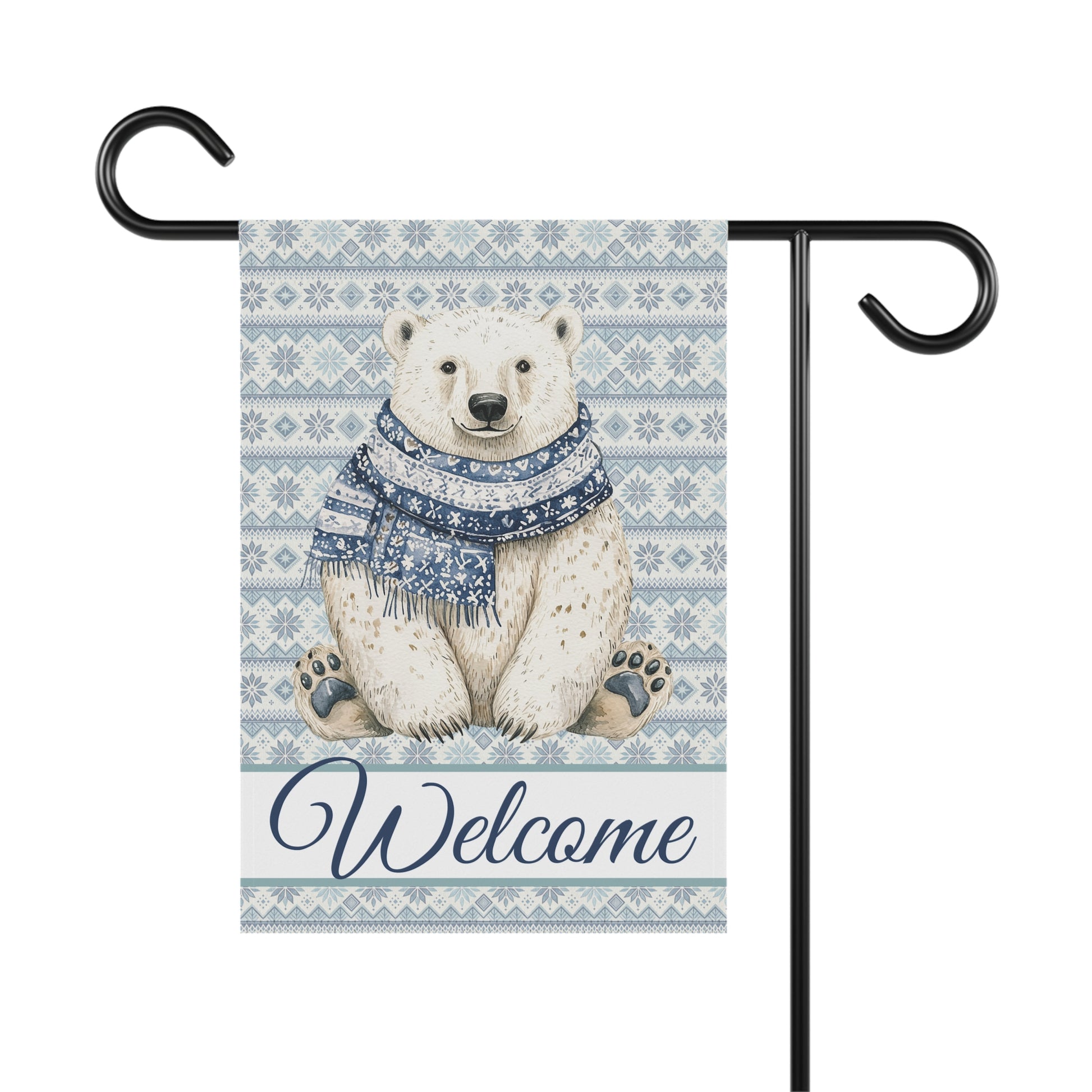 Watercolor polar bear in a blue Fair Isle scarf on a garden flag with "Welcome" text.