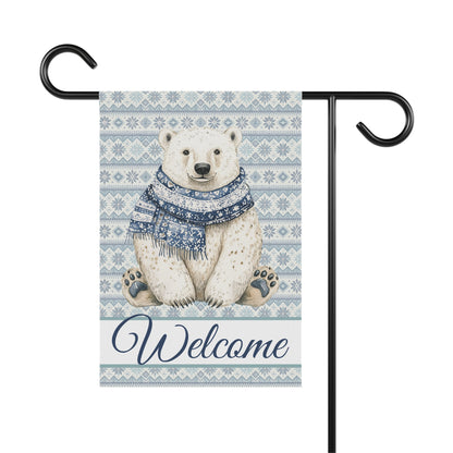 Watercolor polar bear in a blue Fair Isle scarf on a garden flag with "Welcome" text.