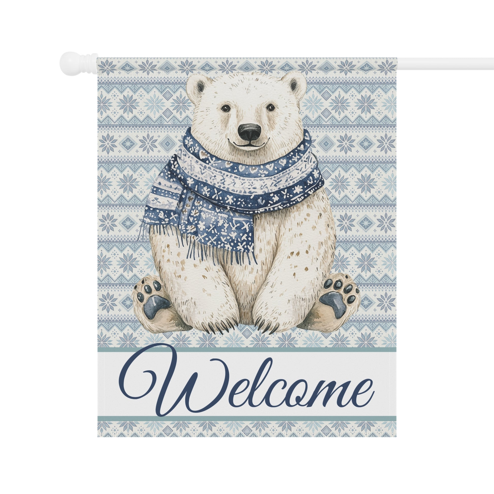Watercolor polar bear in a blue Fair Isle scarf on a garden flag with "Welcome" text.