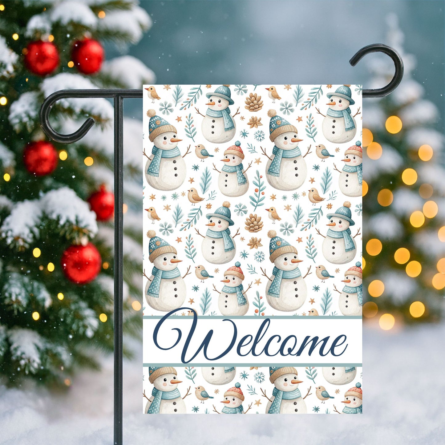 Welcome Snowman and Birds Garden Flag