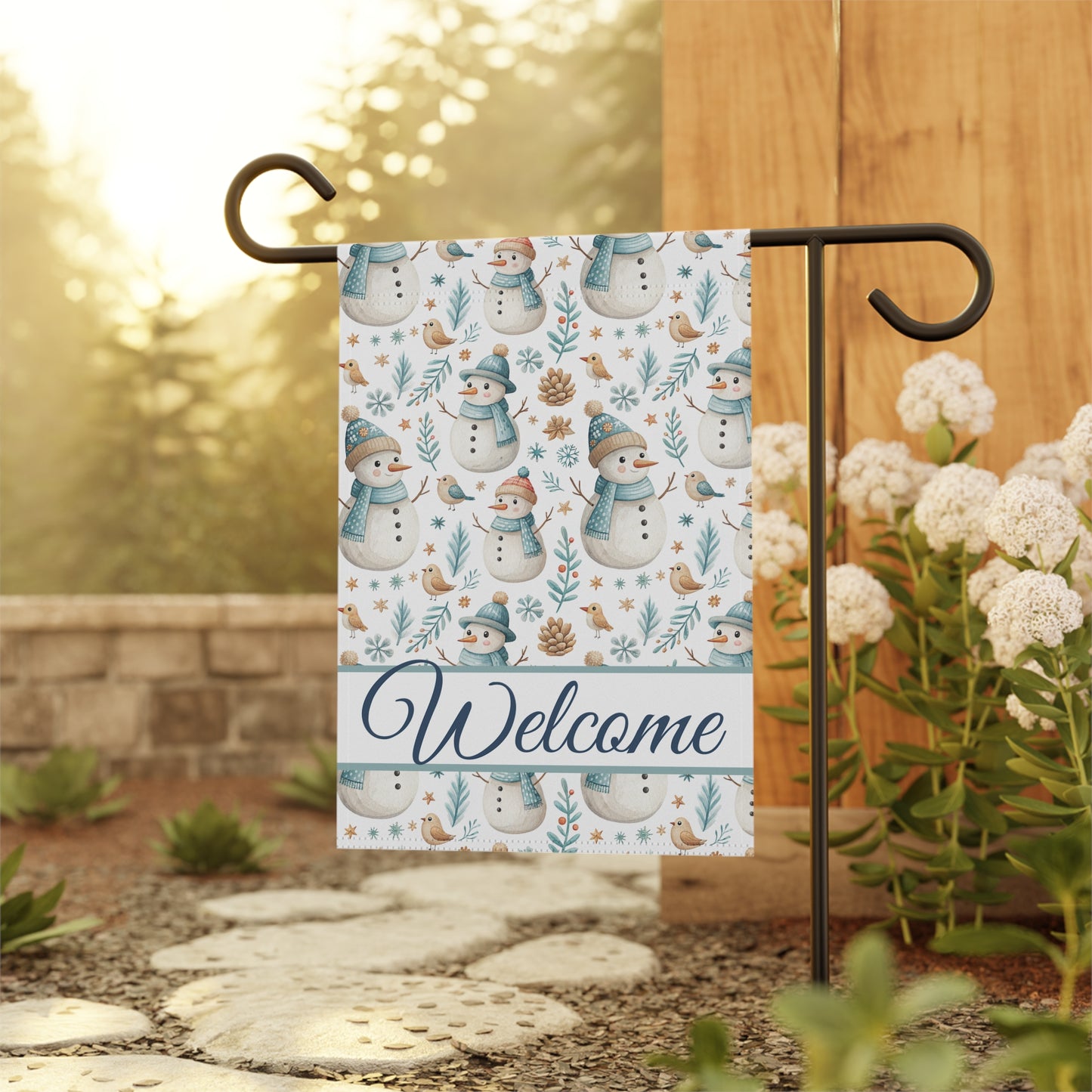 Welcome Snowman and Birds Garden Flag