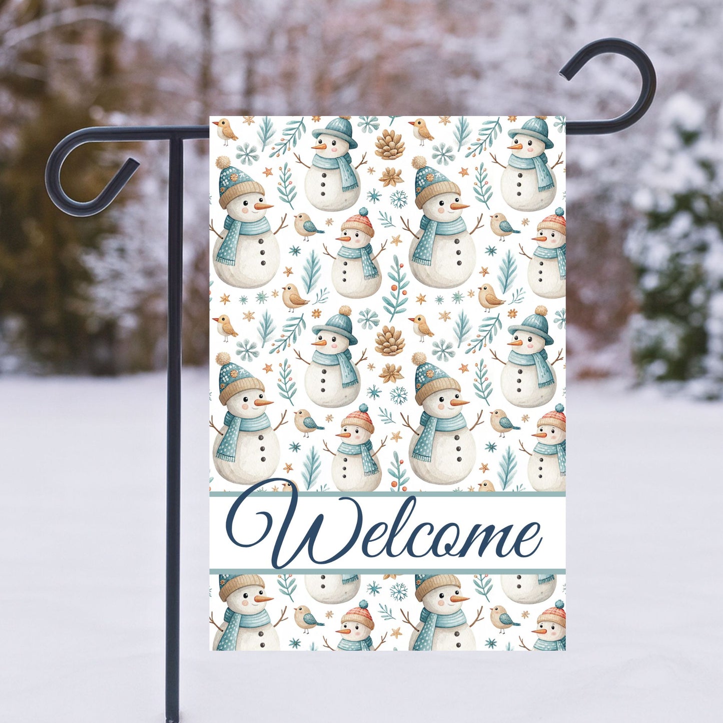 Welcome Snowman and Birds Garden Flag