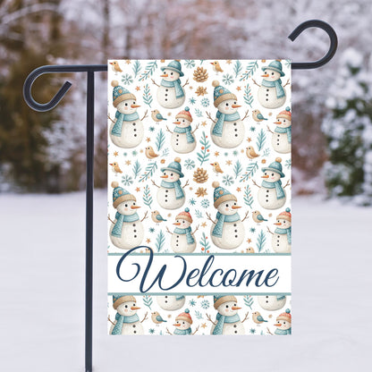 Welcome Snowman and Birds Garden Flag