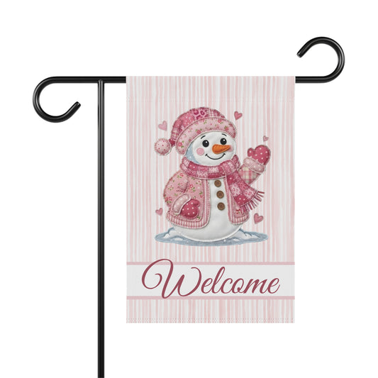 Welcome Valentine's Day Pink Patchwork Snowman Garden Flag