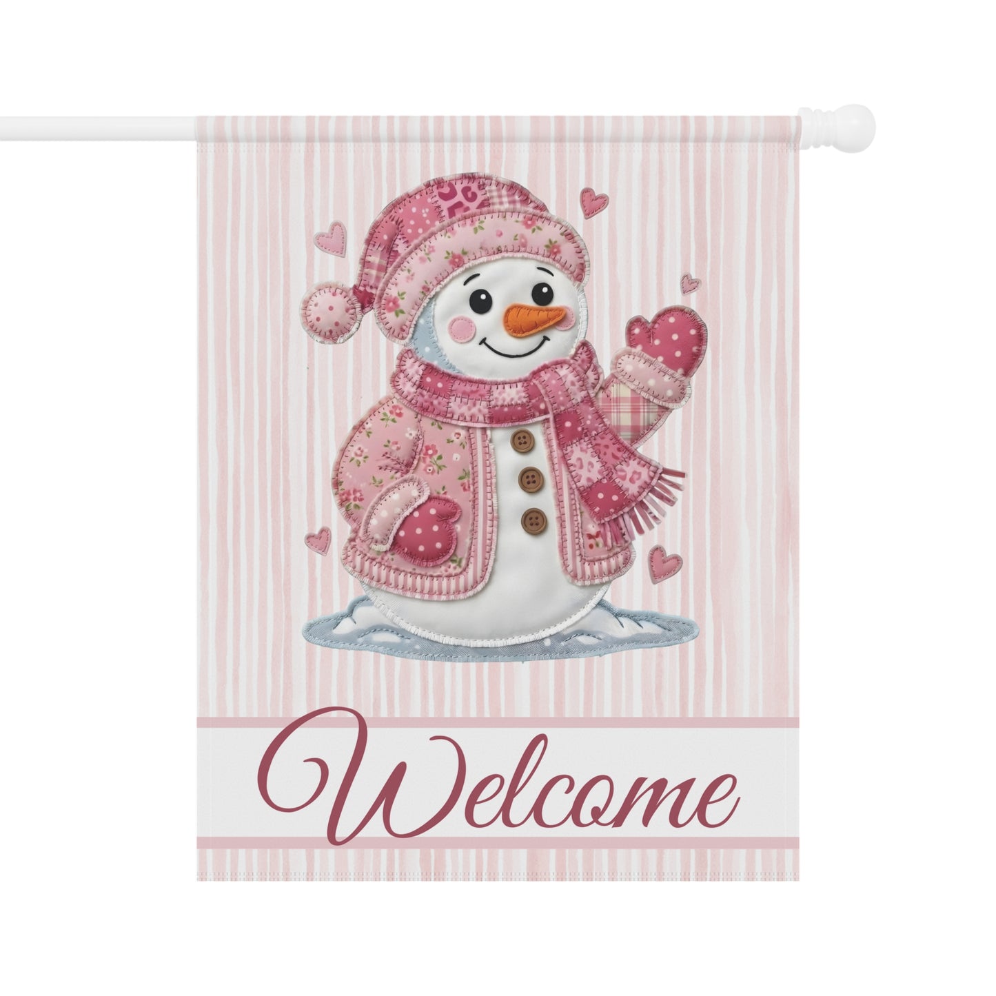 Welcome Valentine's Day Pink Patchwork Snowman Garden Flag