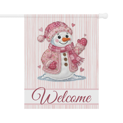 Welcome Valentine's Day Pink Patchwork Snowman Garden Flag