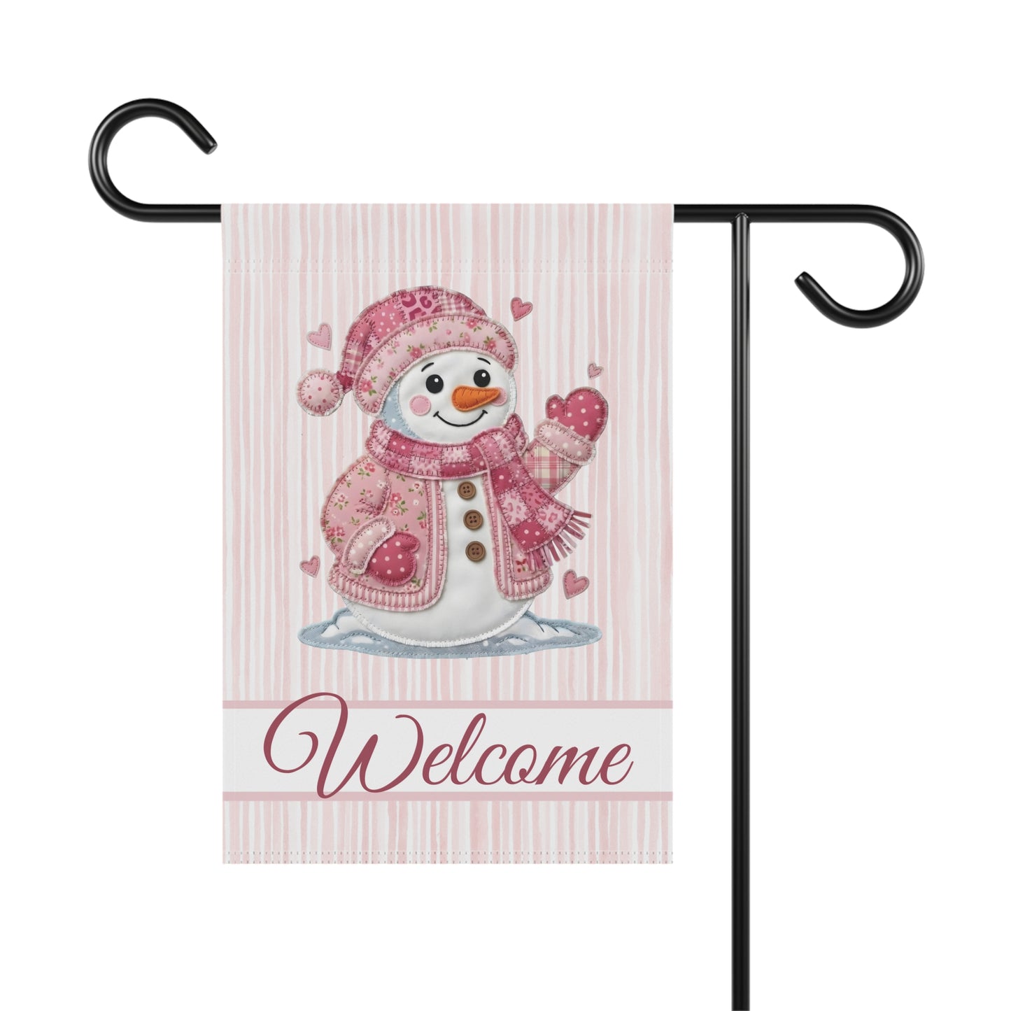 Welcome Valentine's Day Pink Patchwork Snowman Garden Flag