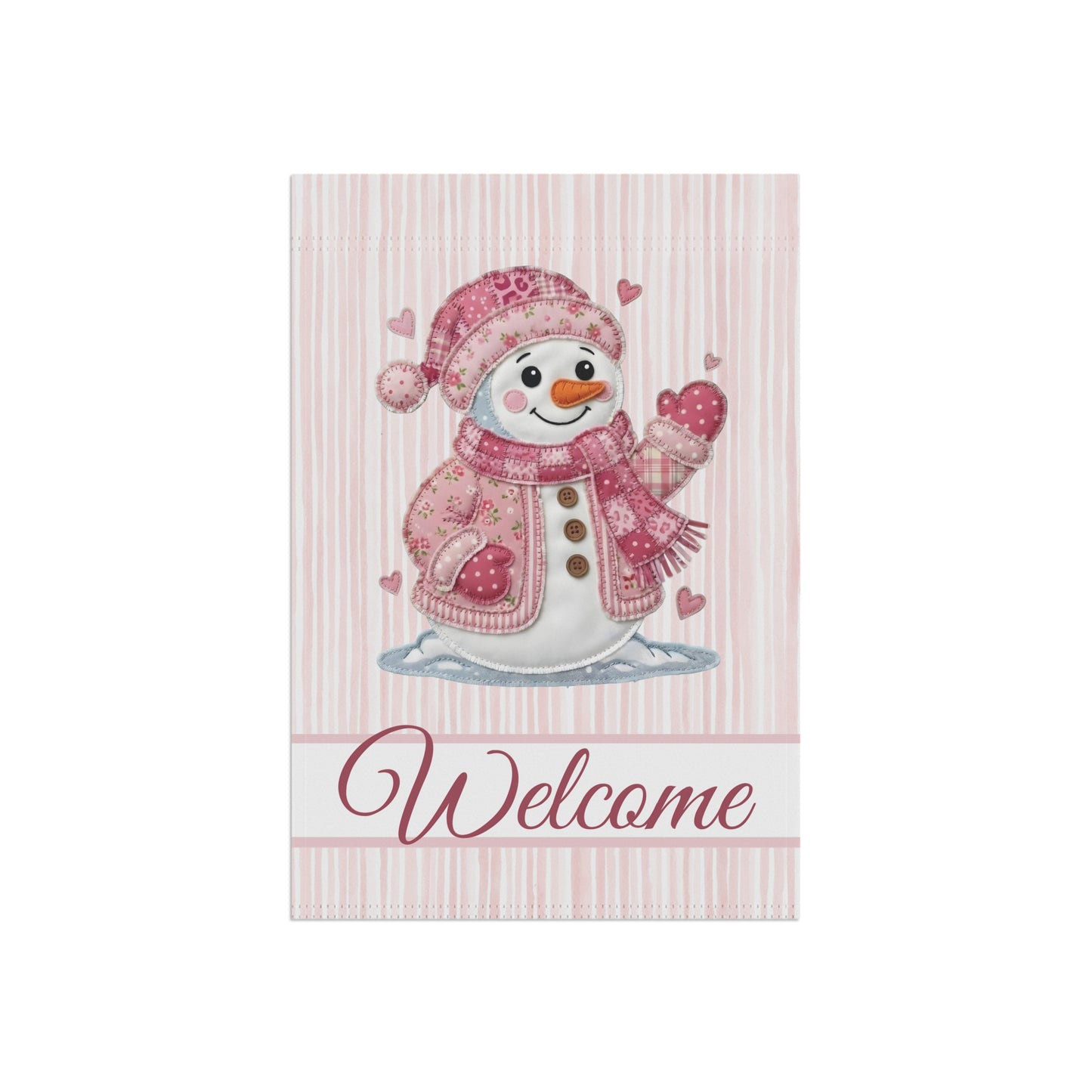 Welcome Valentine's Day Pink Patchwork Snowman Garden Flag