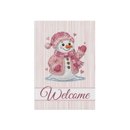 Welcome Valentine's Day Pink Patchwork Snowman Garden Flag