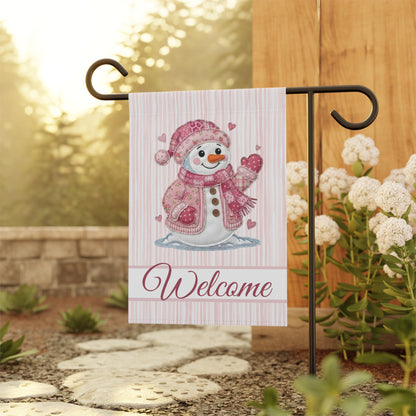 Welcome Valentine's Day Pink Patchwork Snowman Garden Flag