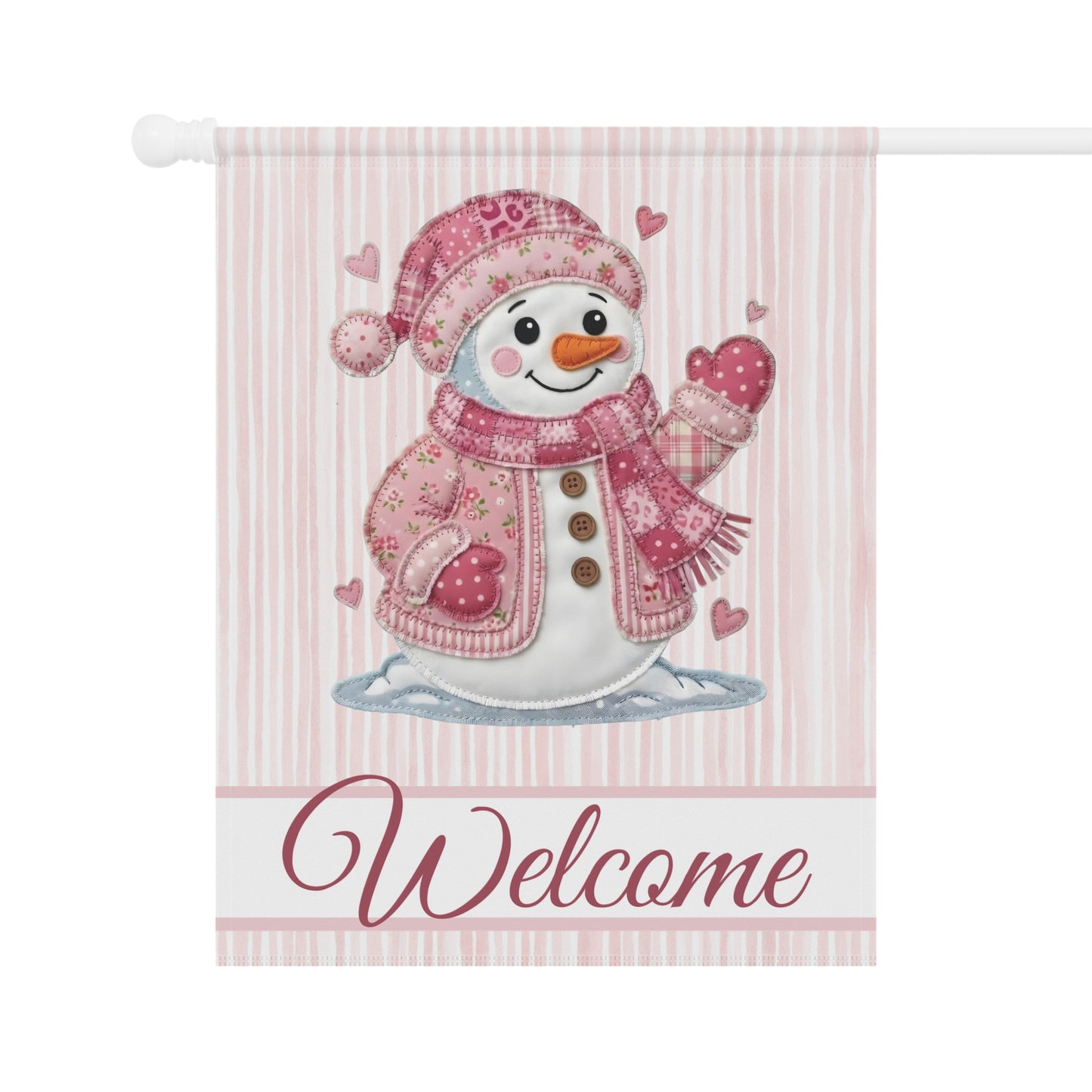 Welcome Valentine's Day Pink Patchwork Snowman Garden Flag