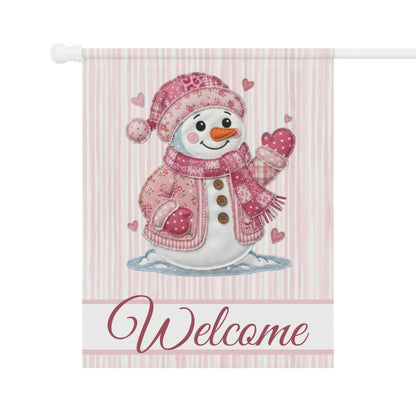 Welcome Valentine's Day Pink Patchwork Snowman Garden Flag
