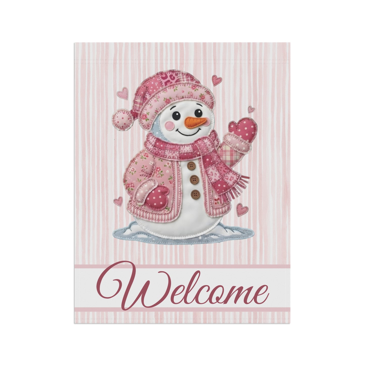 Welcome Valentine's Day Pink Patchwork Snowman Garden Flag
