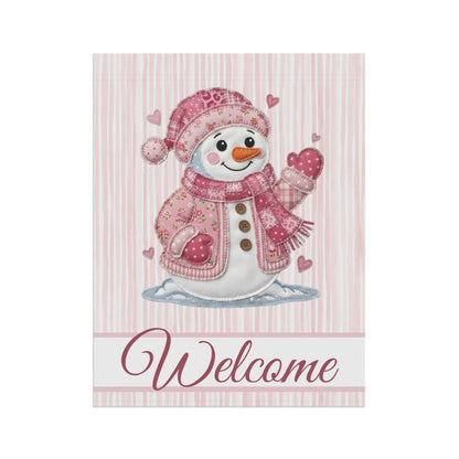 Welcome Valentine's Day Pink Patchwork Snowman Garden Flag