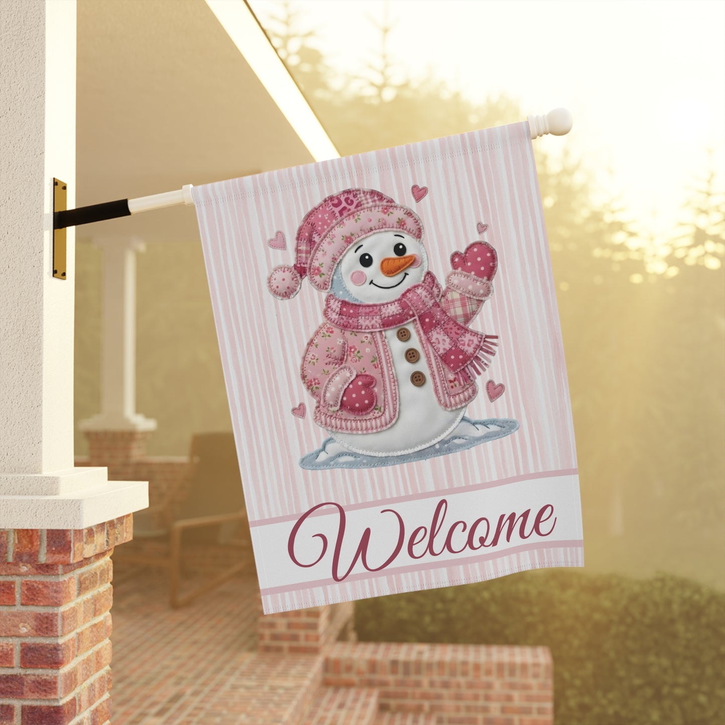 Welcome Valentine's Day Pink Patchwork Snowman Garden Flag